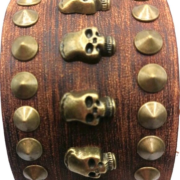 Skull and Spiked Brown Leather Bracelet-New 9 Inches Unisex - Picture 7 of 8